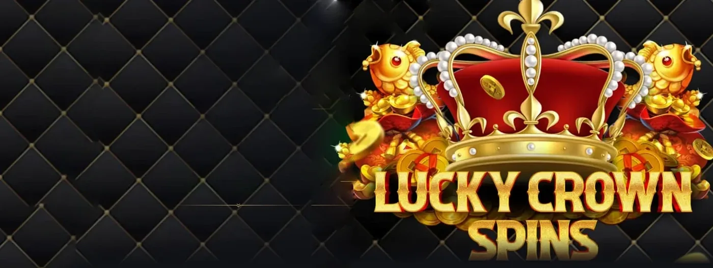 A red and gold royal crown with pearls, flanked by golden koi fish and gold ingots, on a black quilted background with a Lucky Crown Spins wordmark